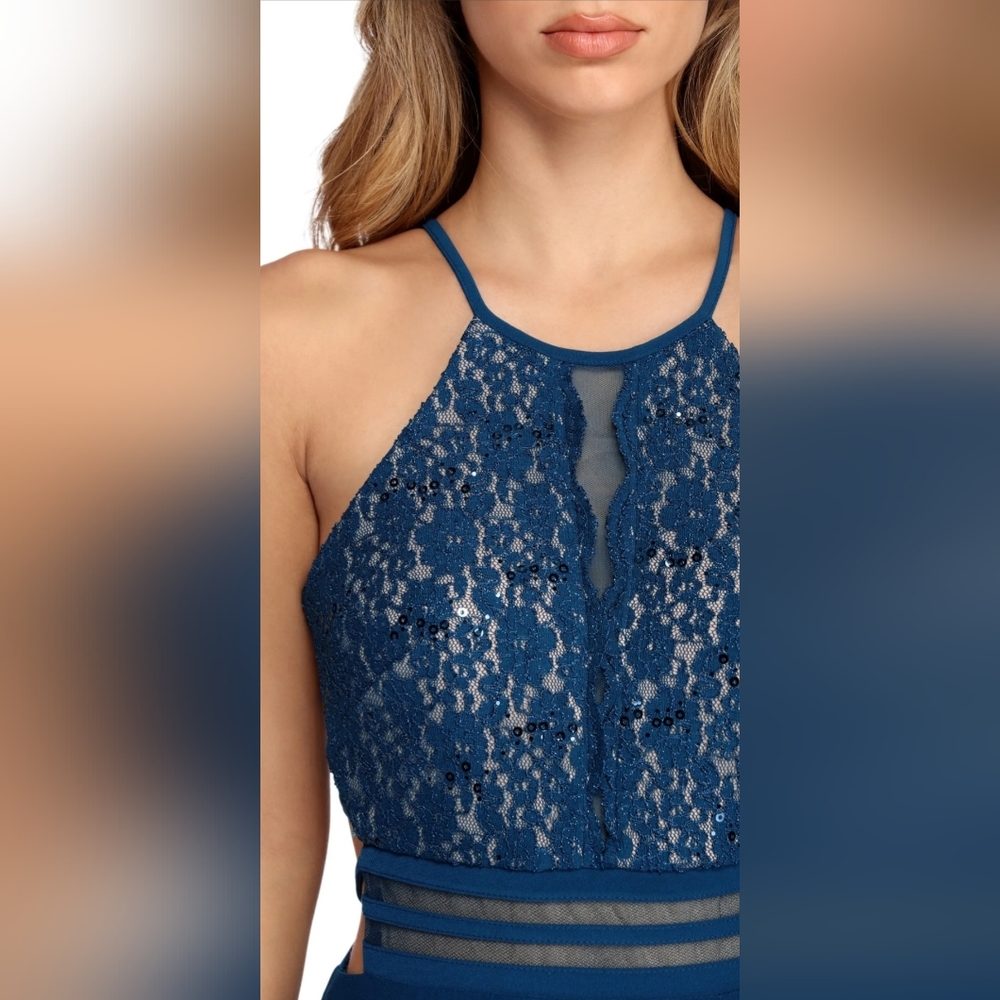 Morgan & Co. Teal Sequin Floral Lace Women's Formal Dress JUNIORS SIZE: 5/6 - Picture 2 of 16